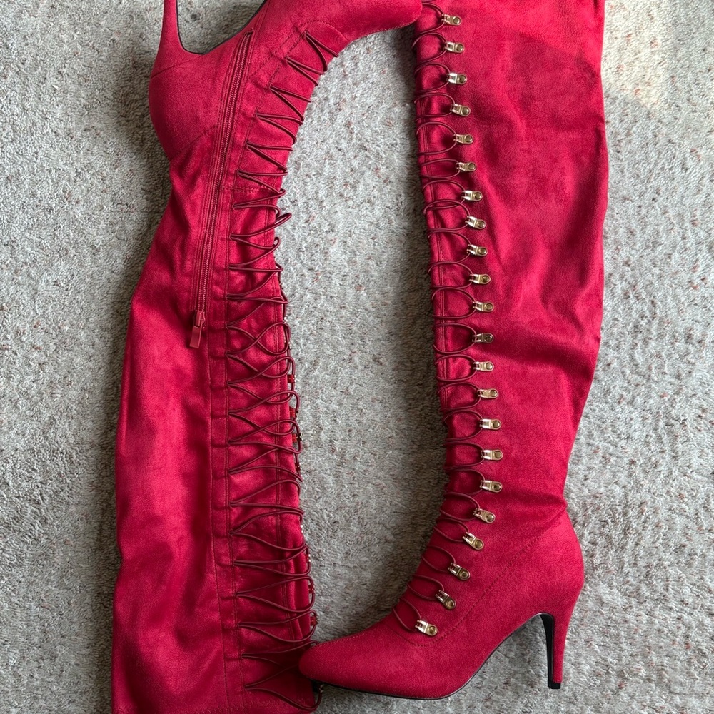 Red Over-the-Knee Lace-Up Boots